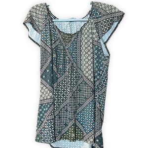 Liz Claiborne top, capped ruffled sleeves, teal/tan pattern, XL